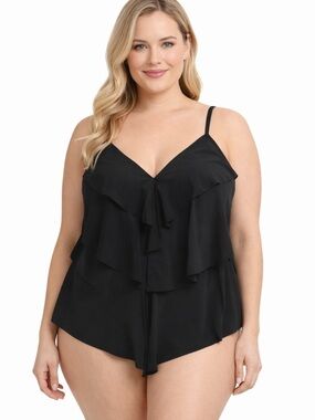 Aqua Green Black Ruffle Tankini Top Built-In Bra Flowy Swim Top L 12/14